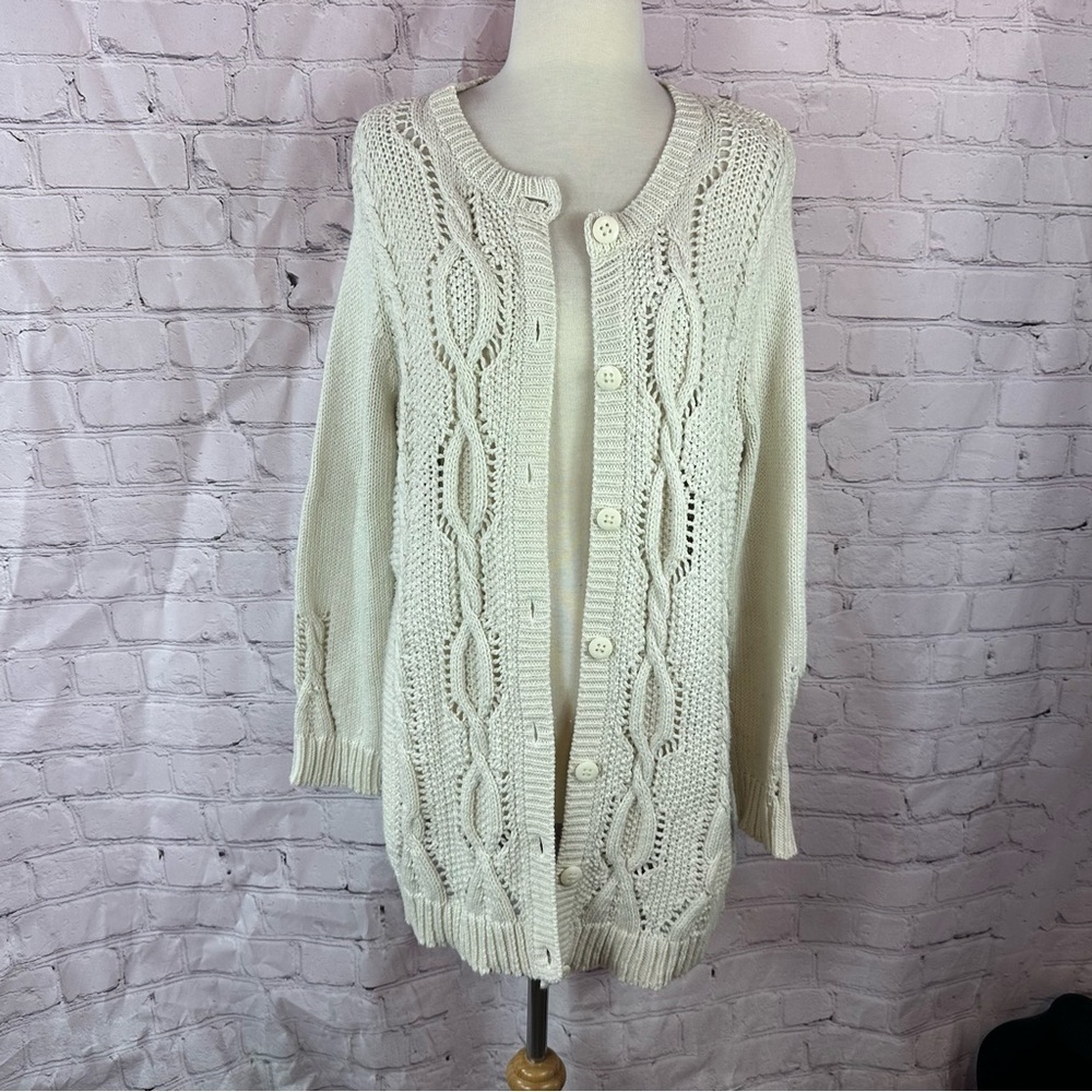 vtg Coldwater Creek Ivory Cable Knit Cardigan sweater women XL wool neutral